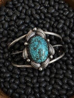 Vintage Navajo Sterling Silver and Turquoise Bracelet Cuff Feather Cabachon Pawn